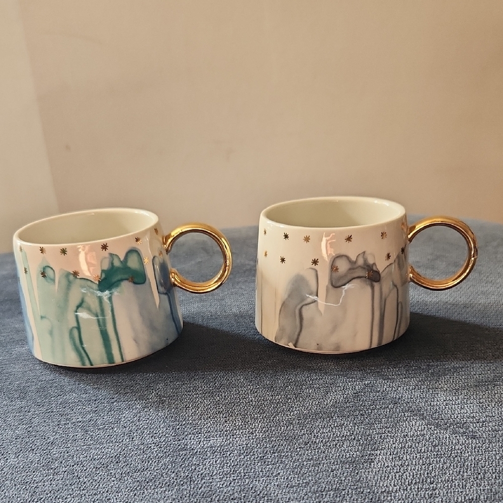 Pair of Anthropologie Nigght Sky Starry Blue & Gray Porcelain Mugs